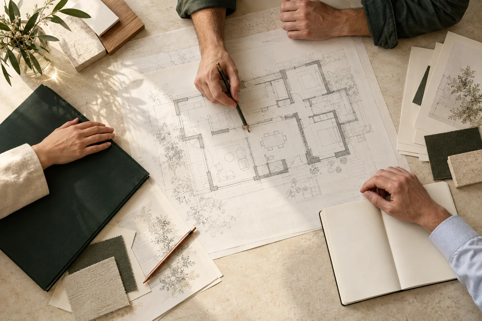 Illustration de professionnels réunis autour de plans et de documents de travail